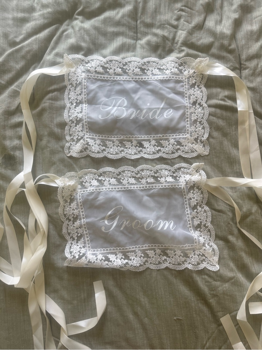 Source Unknown White Lace Bride & Groom Chair Sashes